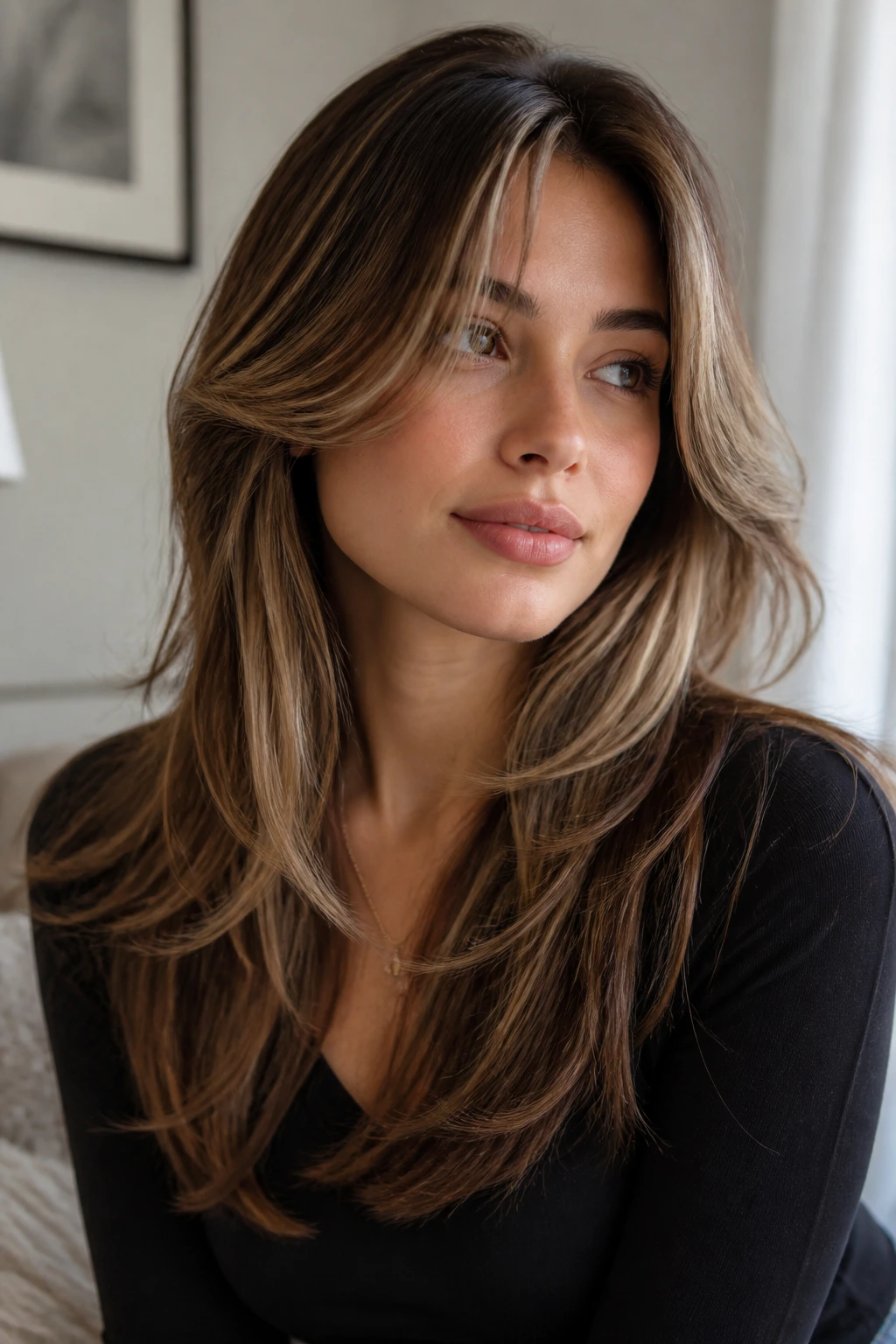 Real person with long layered hair styled to keep shape