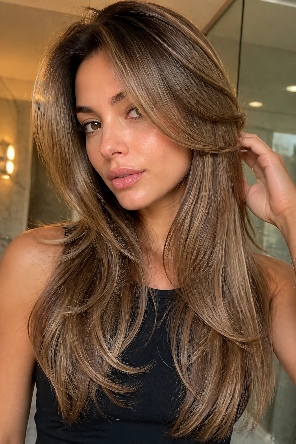 Close-up portrait showing long layered hair styled for show-up effect
