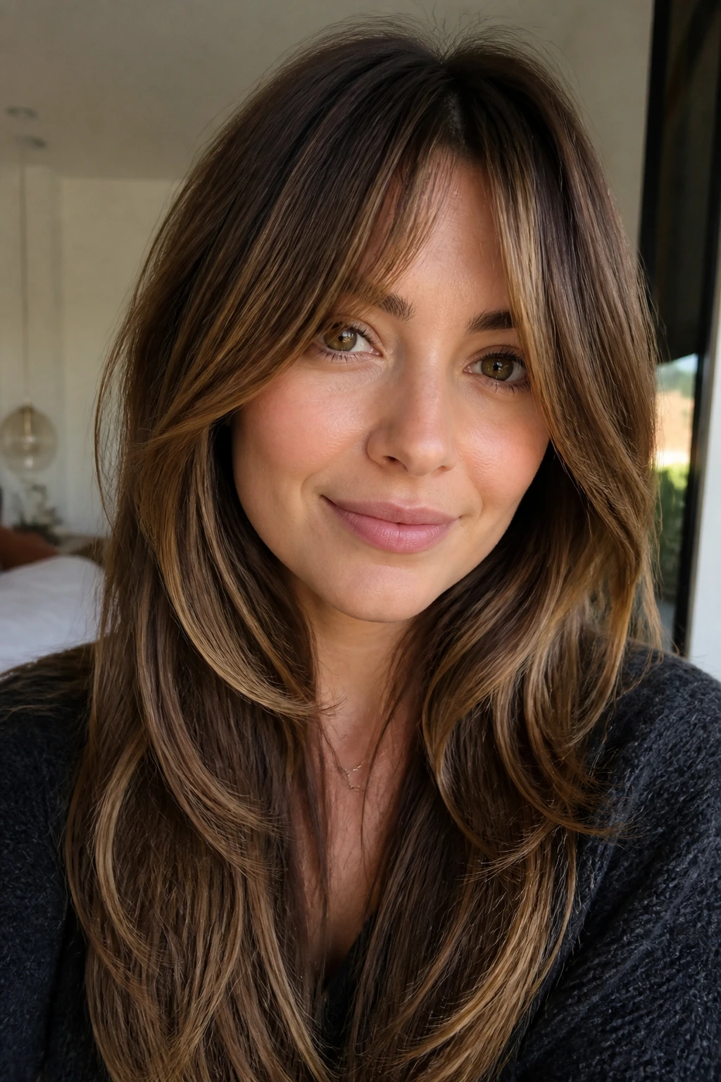 Close-up portrait of a real woman with long layers and subtle fringe