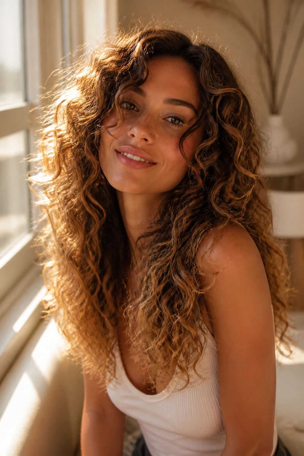 Close-up of a real person with long layered curls and sunlit ends.