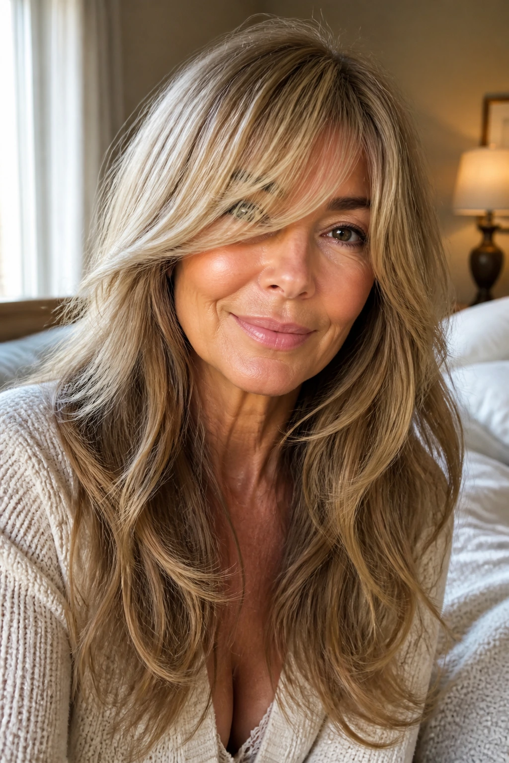 Close-up of a real woman with long romantic layers and sweeping fringe