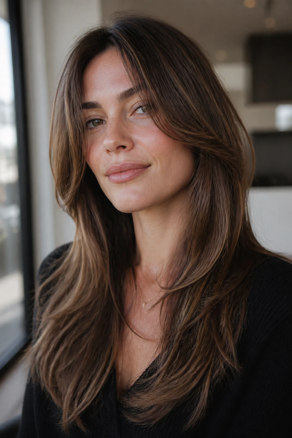 Portrait of a real woman with tailored long layers and a quiet finish