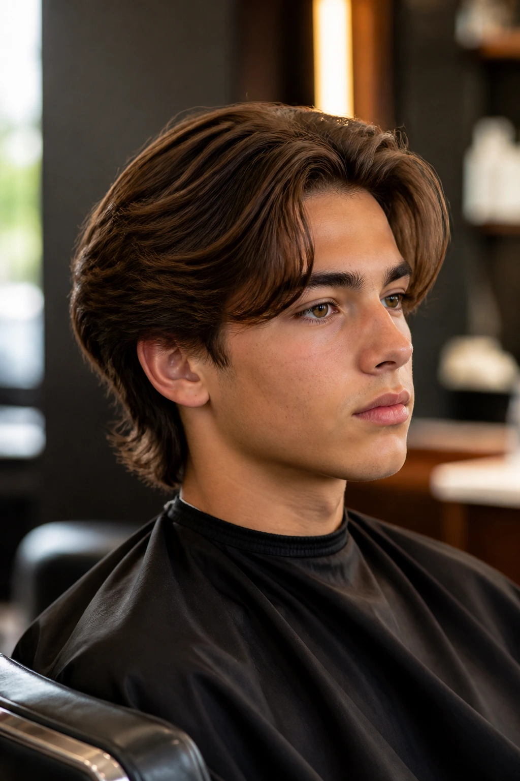 Close-up of boy with long layers and low taper in a barber chair