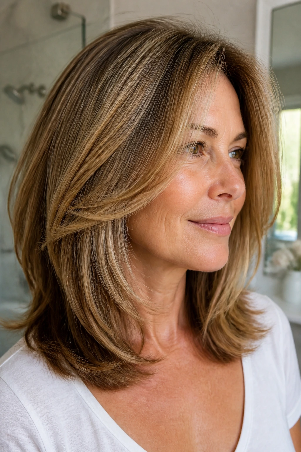 Portrait of a woman with long layers in thick hair at shoulder length