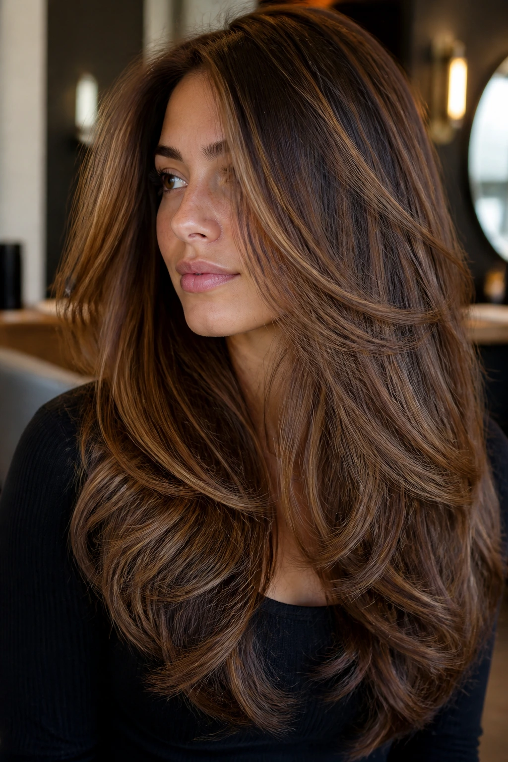 Portrait of a woman showing long layered hair with subtle lowlights for dimension on thick hair