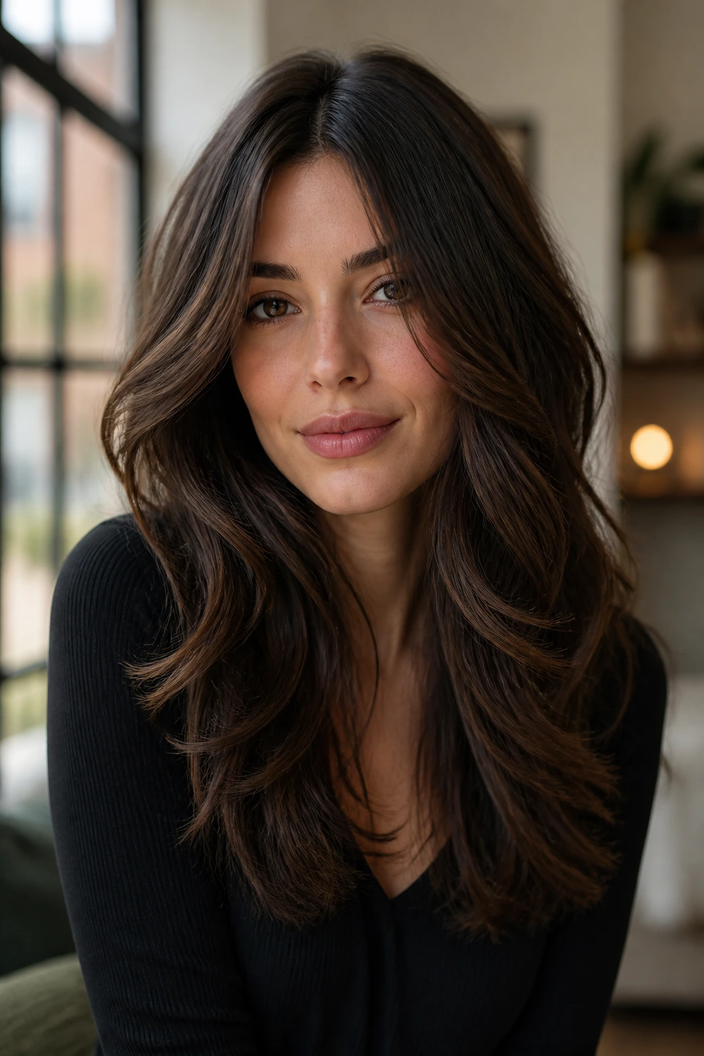 Close-up of a real person with long layered hair framing the face