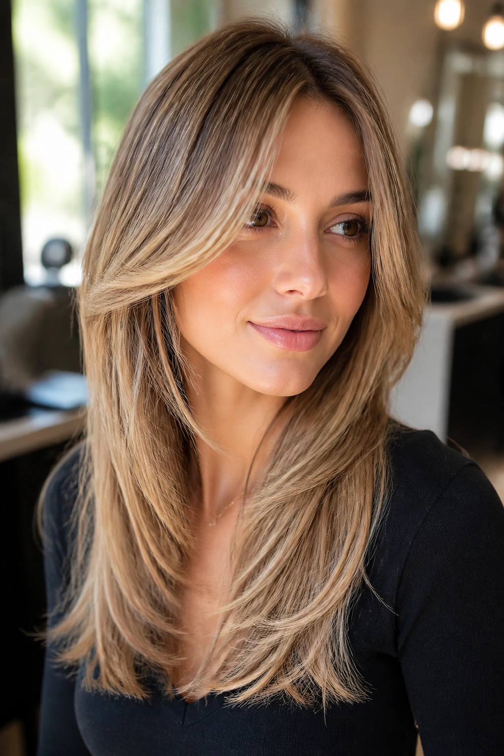 Close-up portrait of a real woman with long layered hair framing her face in natural window light