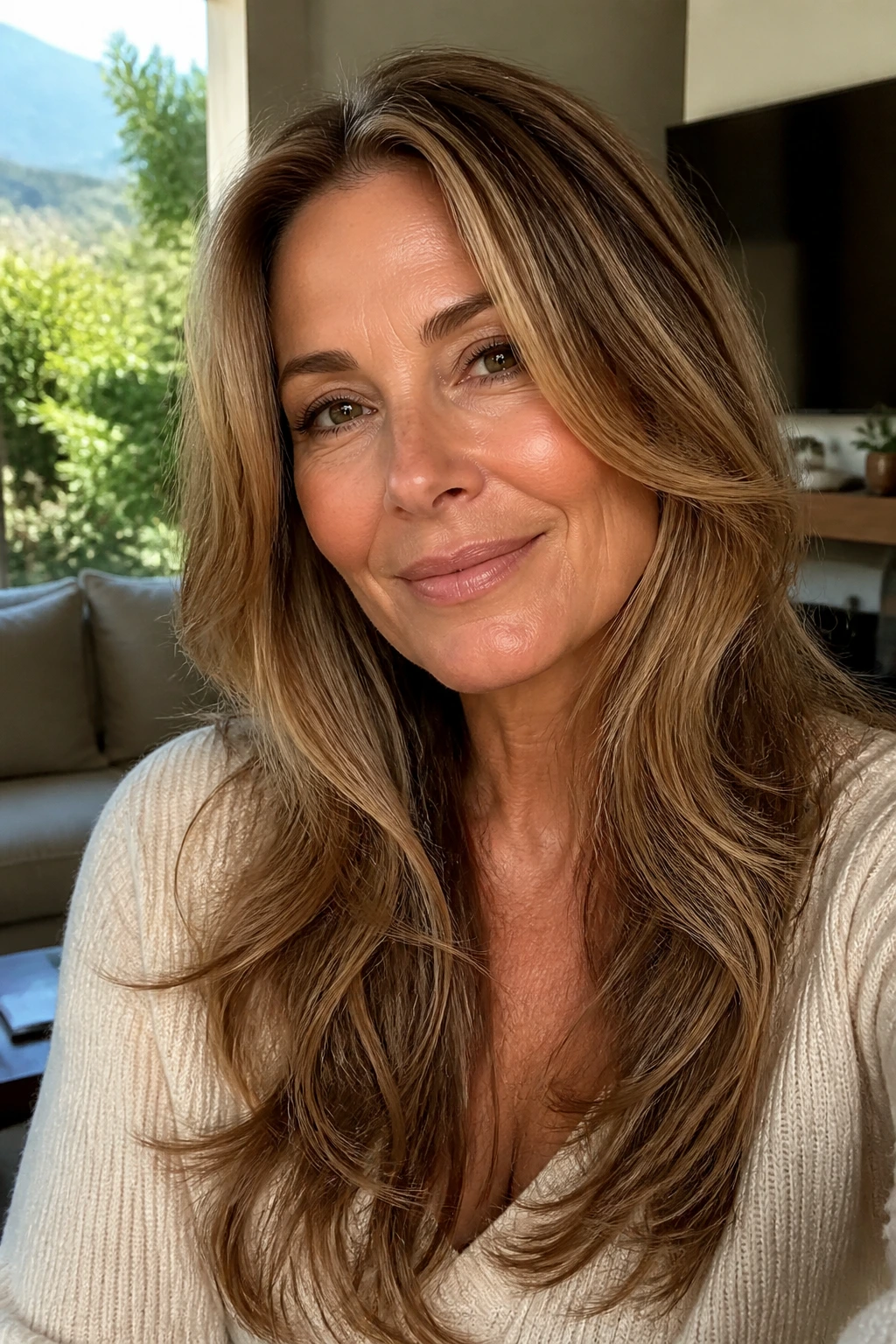 Real woman with long layered hair and toffee babylights.