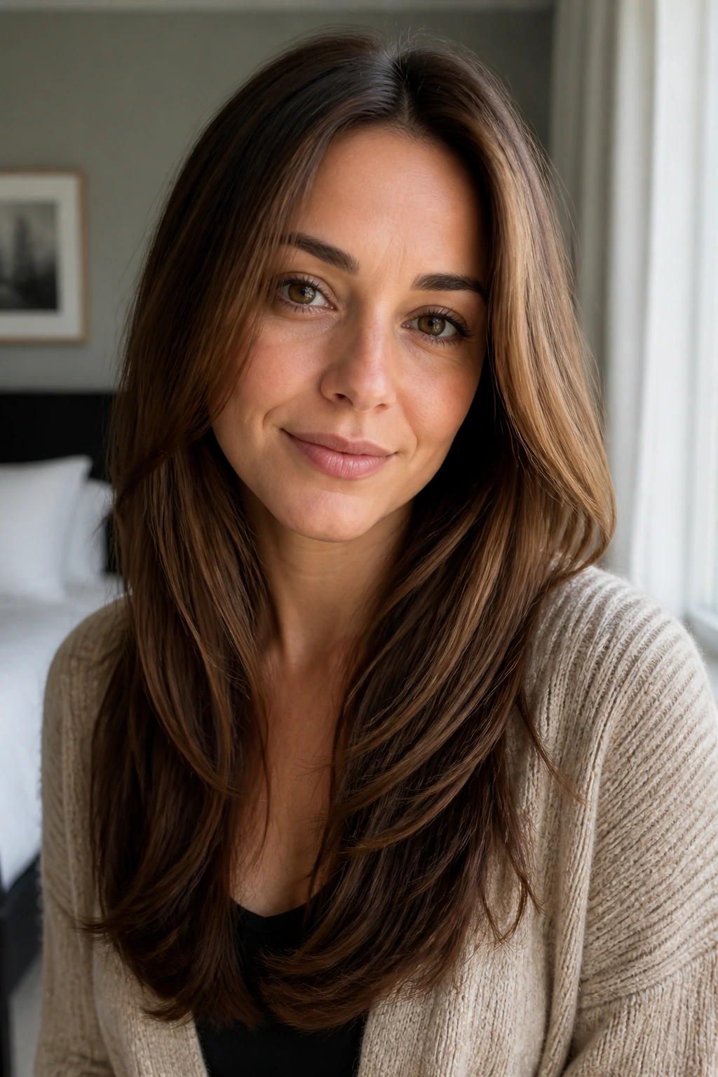 Close-up of a real woman with long layers and tucked-under ends.