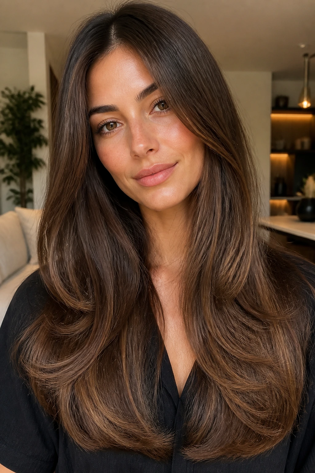Close-up of a real woman with long U-shaped layers creating a polished silhouette