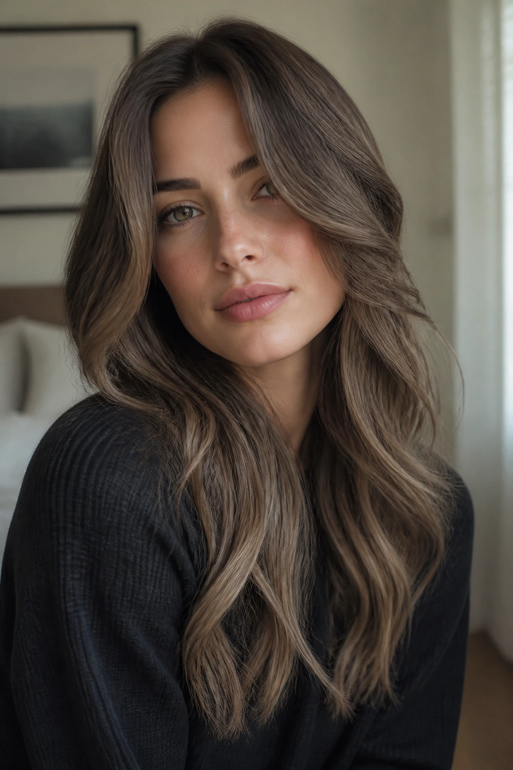 Close-up of a real woman with long layers and bend-only waves in cool-toned hair by a window