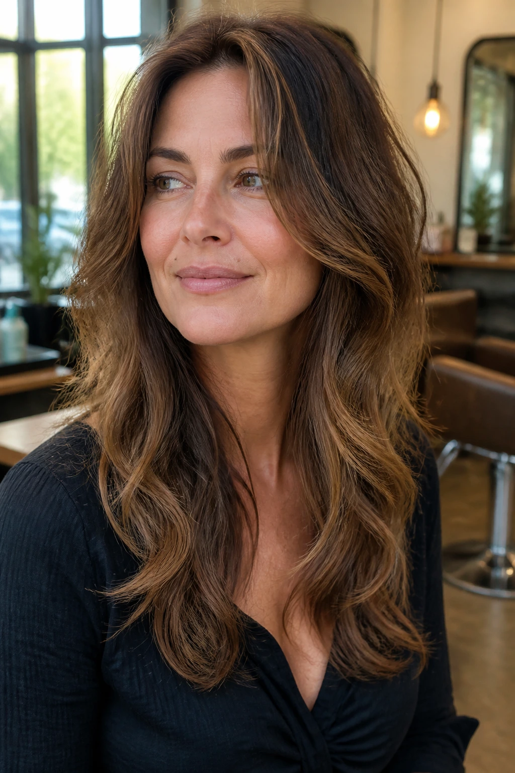 Close-up of a real woman with long layered wavy hair.