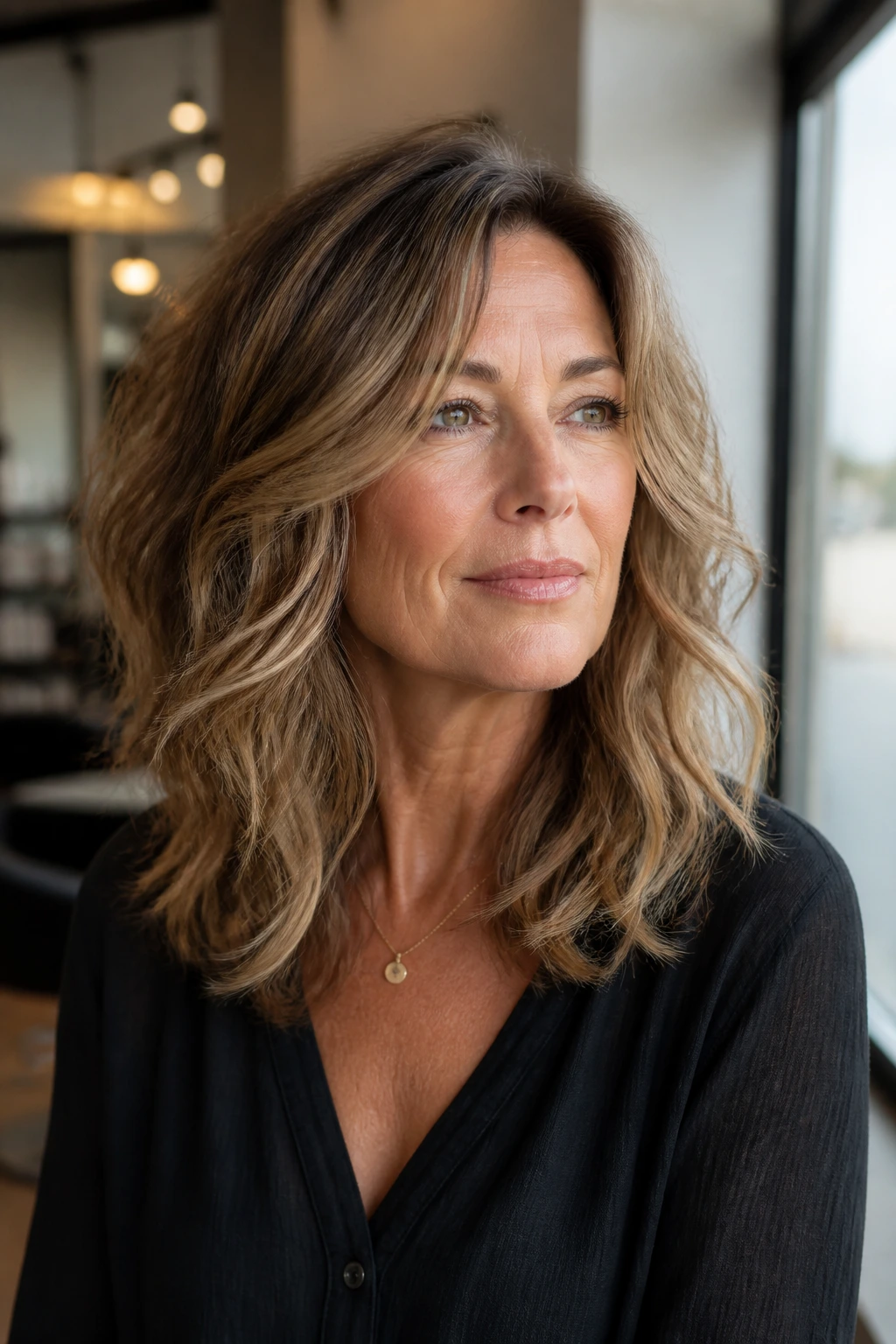 Close-up portrait of a real woman with long layered wavy hair framing her face