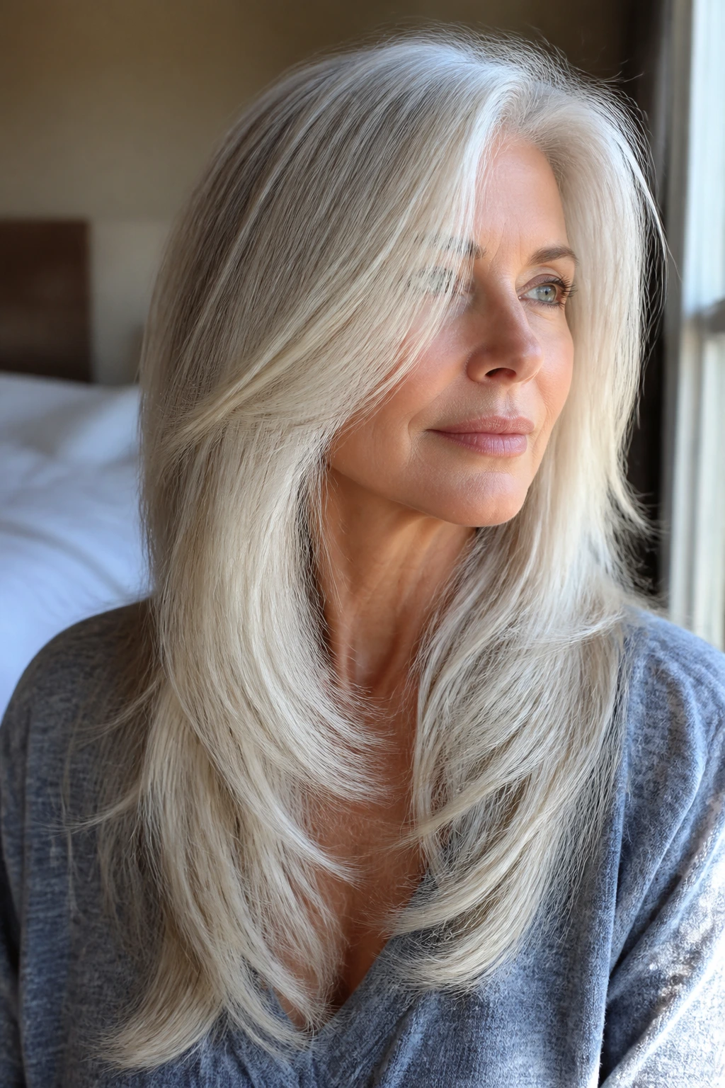 Close-up of a real woman with long white hair showing feathered floating ends and babylights.