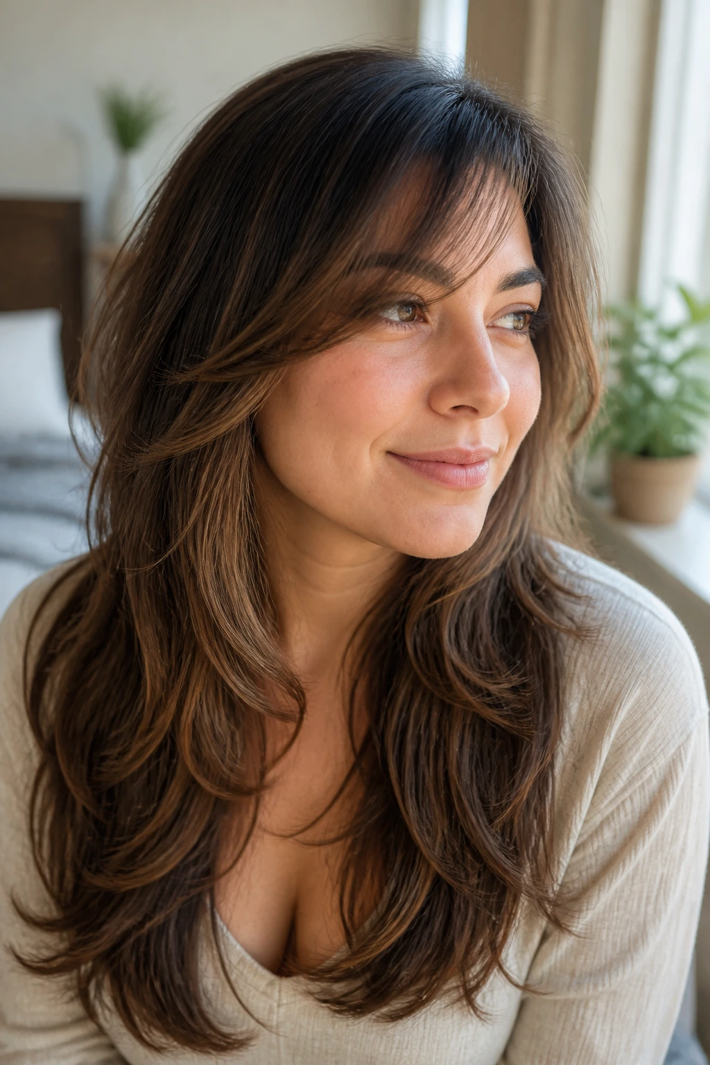 Close-up of a real person with long layered hair and wispy side bangs in soft daylight.