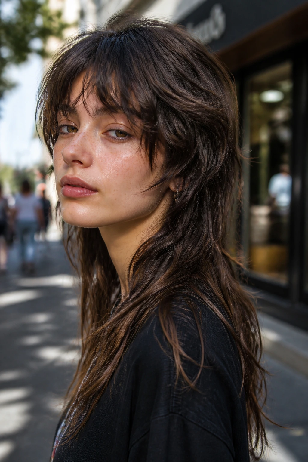 Portrait of a real person with long-length mullet shag on an urban street