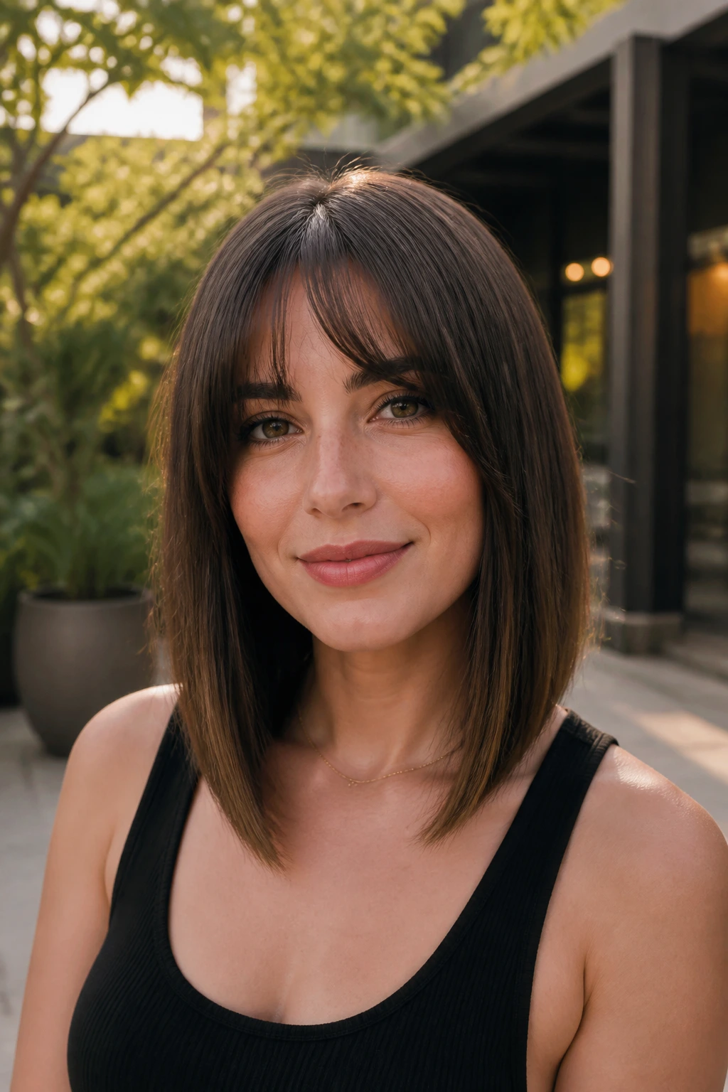 Close-up portrait of a real woman with long-line A-Line Bob and arched bangs