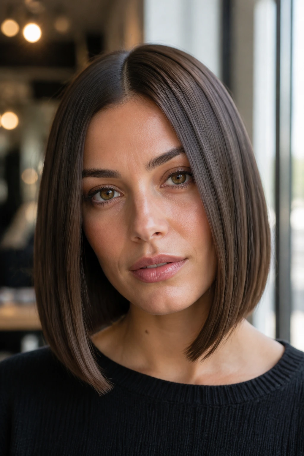 Portrait of a real woman with a long-line center-part bob in natural light.