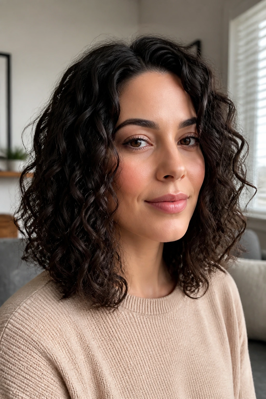 Close-up of a woman with a shoulder-length long one-length lob