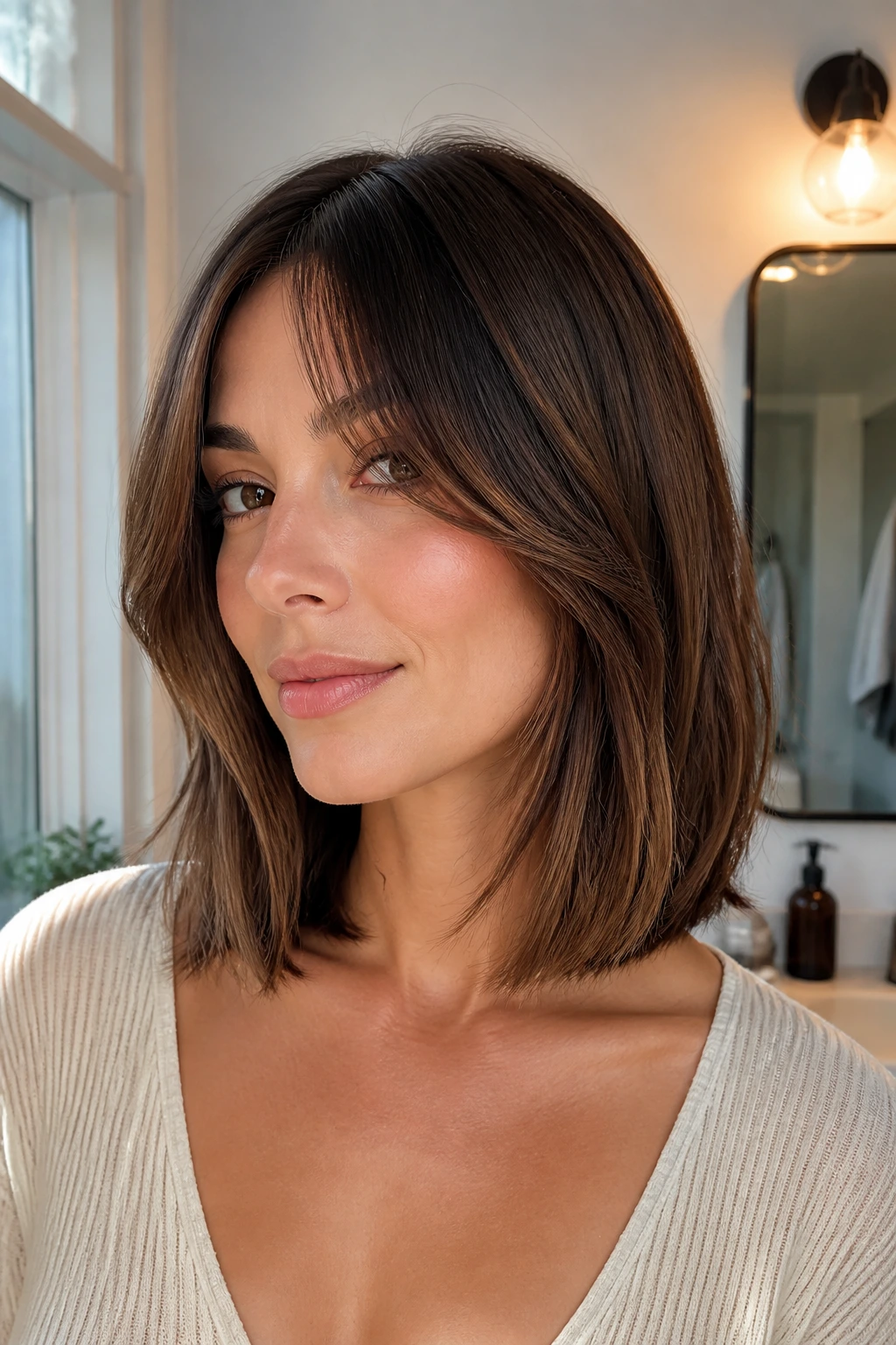 Close-up portrait of a real woman with a long curtain fringe and lob, natural window light