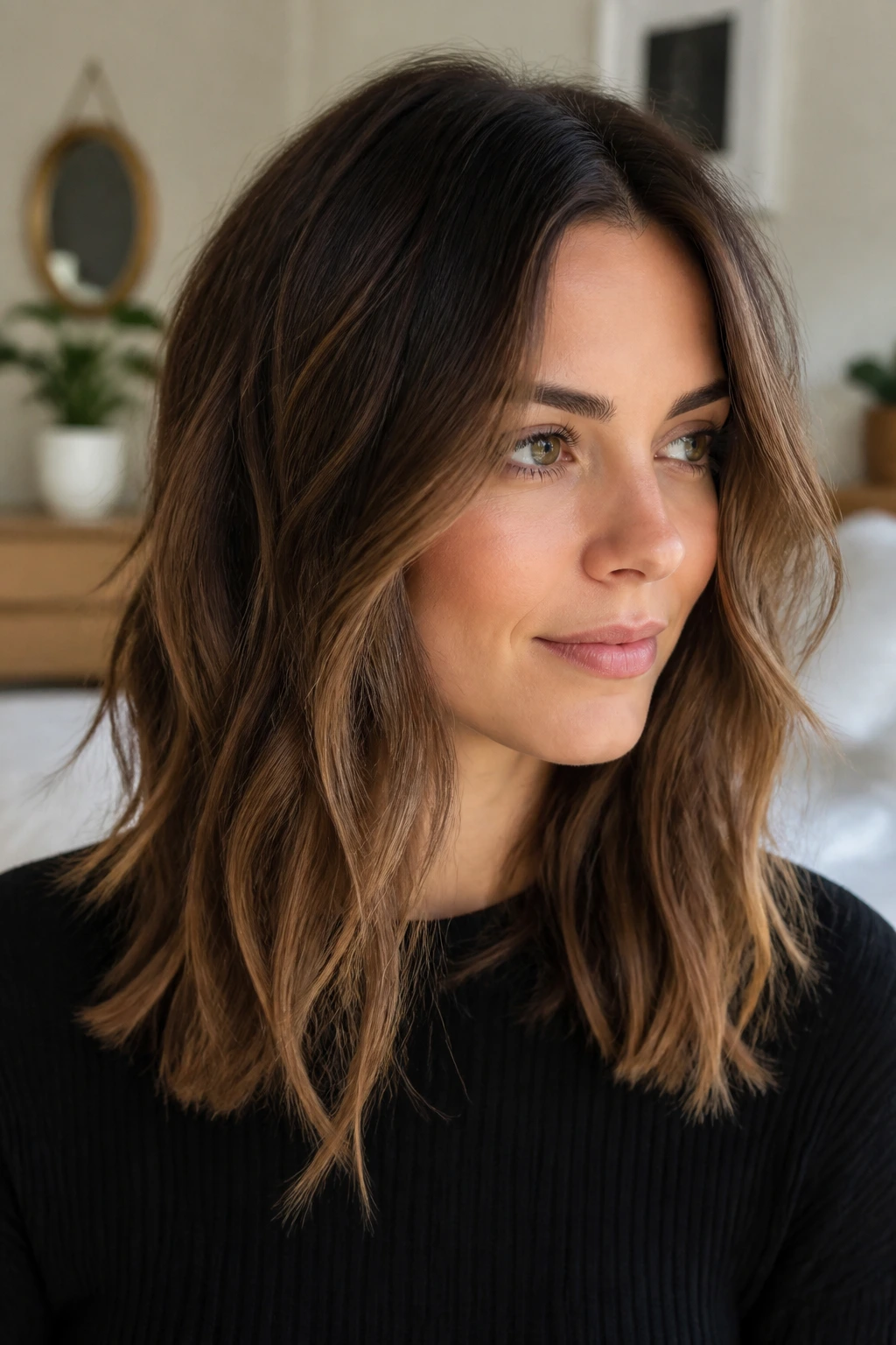 Close-up portrait of a real person with long lob and internal layers