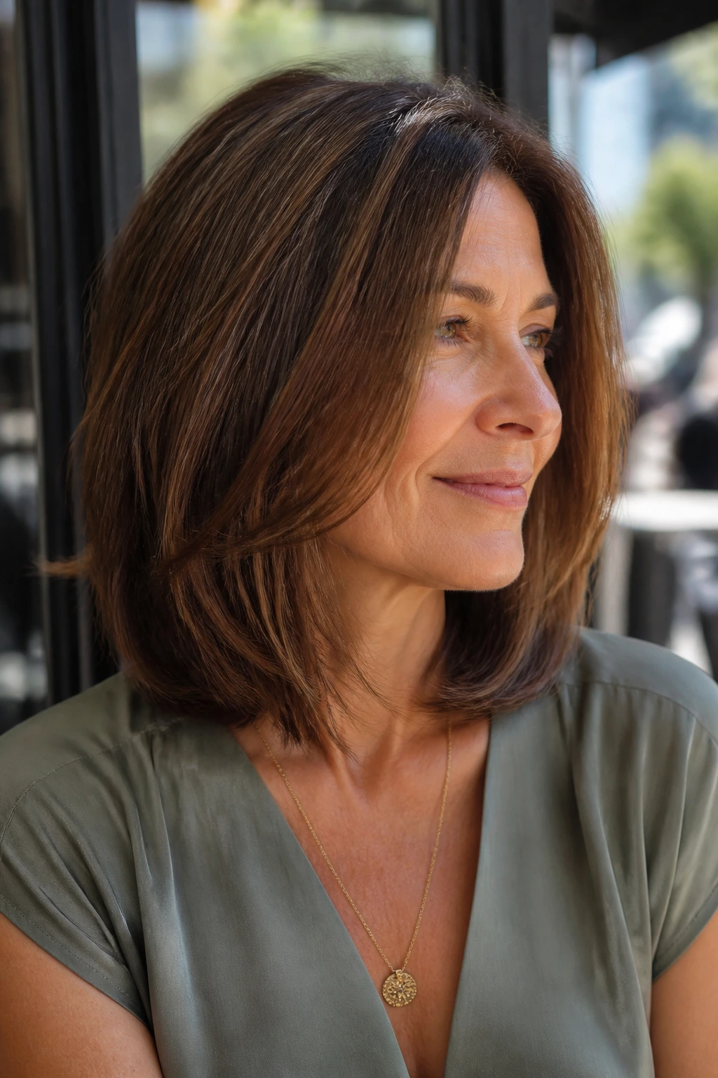 Older woman with long-lob haircut showing layers and texture