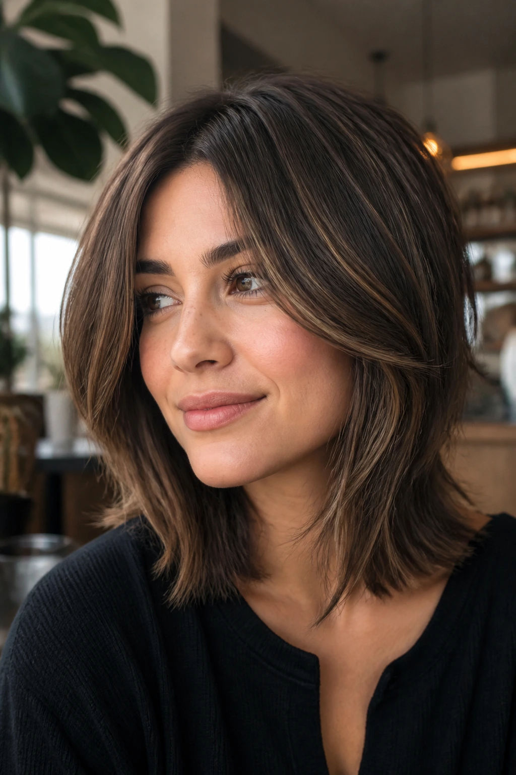 Portrait of a person with long layered lob showing face-framing layers.