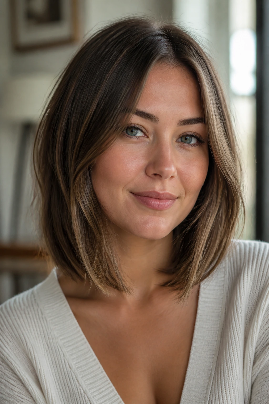 Close-up portrait of a round-faced person with a long lob below the chin.