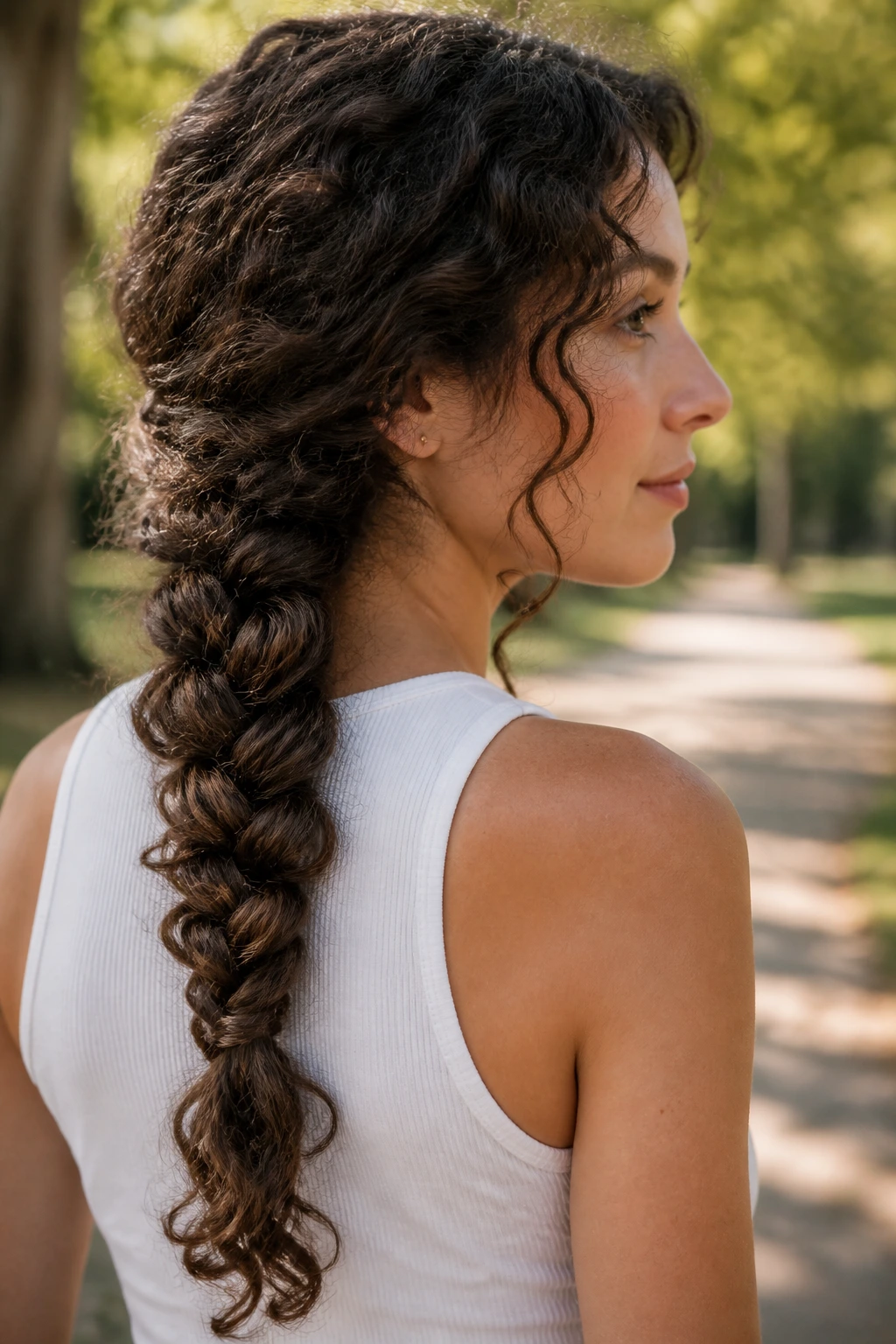Close-up of a long loose braid at the nape on thick curls