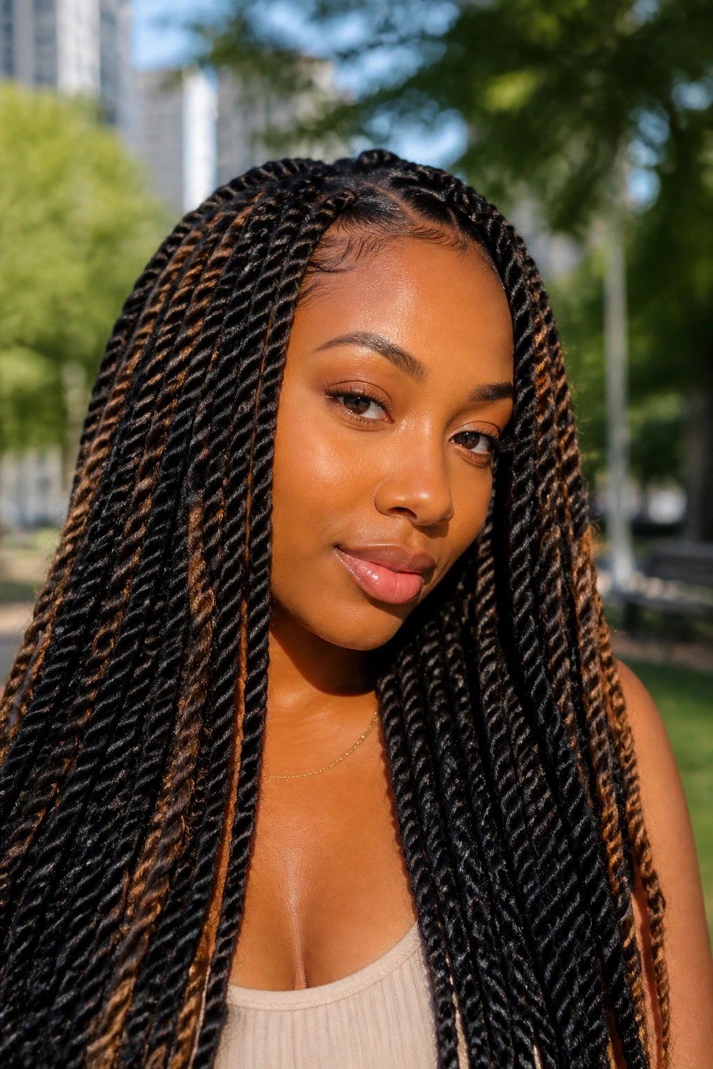 Close-up of woman with Marley twists and caramel ribbon highlights
