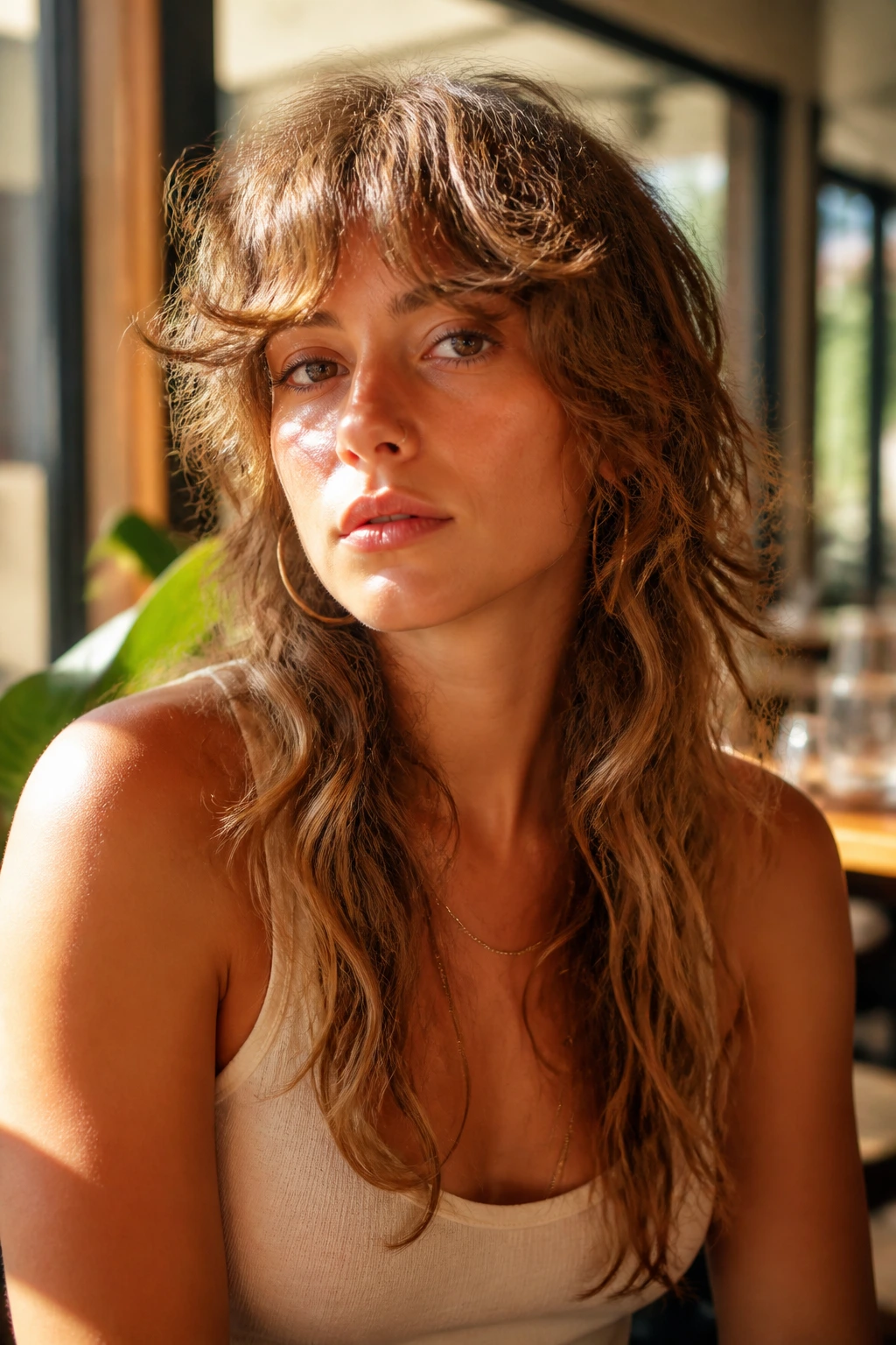 Close-up portrait of real person with long mullet shag front pieces skim chin and back length