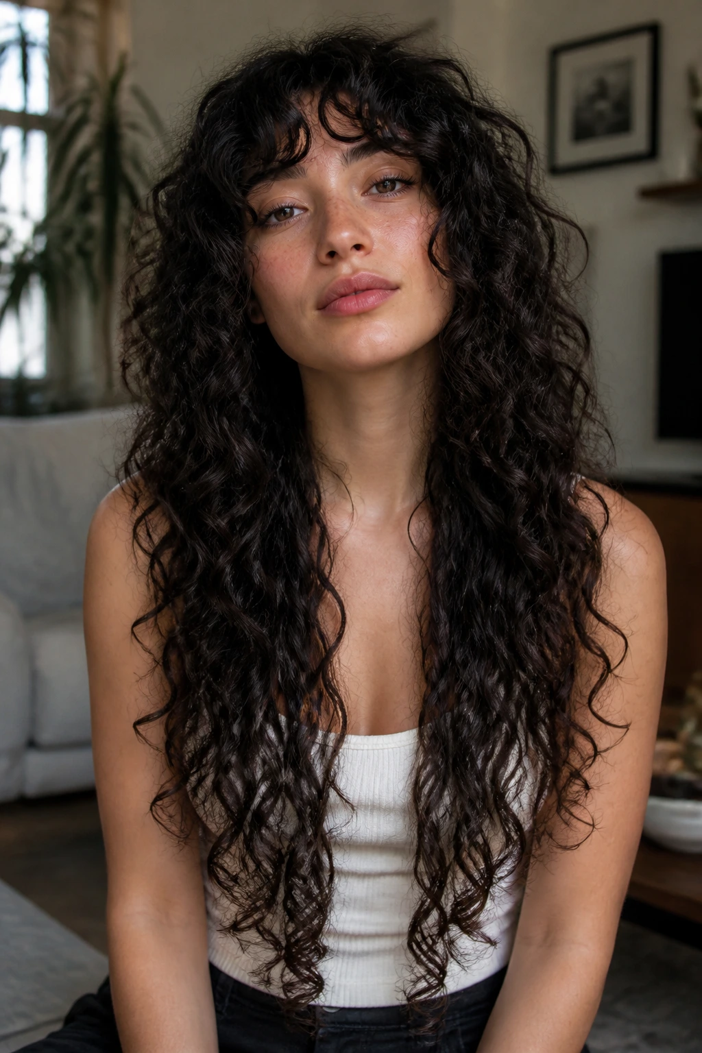 Close-up portrait of a real person with a long octopus cut featuring long curled ends