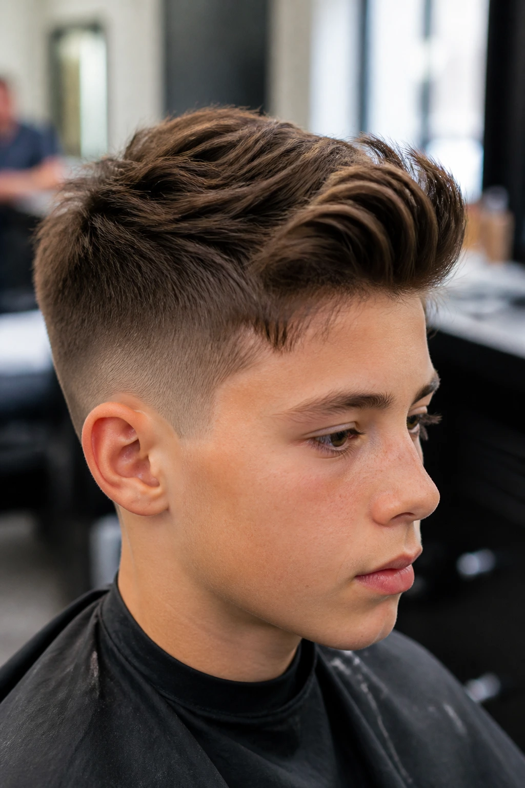 Teen portrait with long-on-top, short-on-sides haircut showing lift at front.