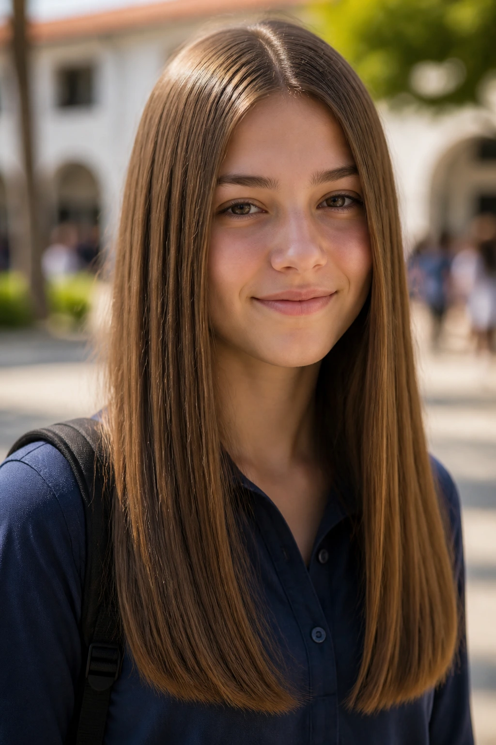 Student with a long one-length cut with beveled ends.