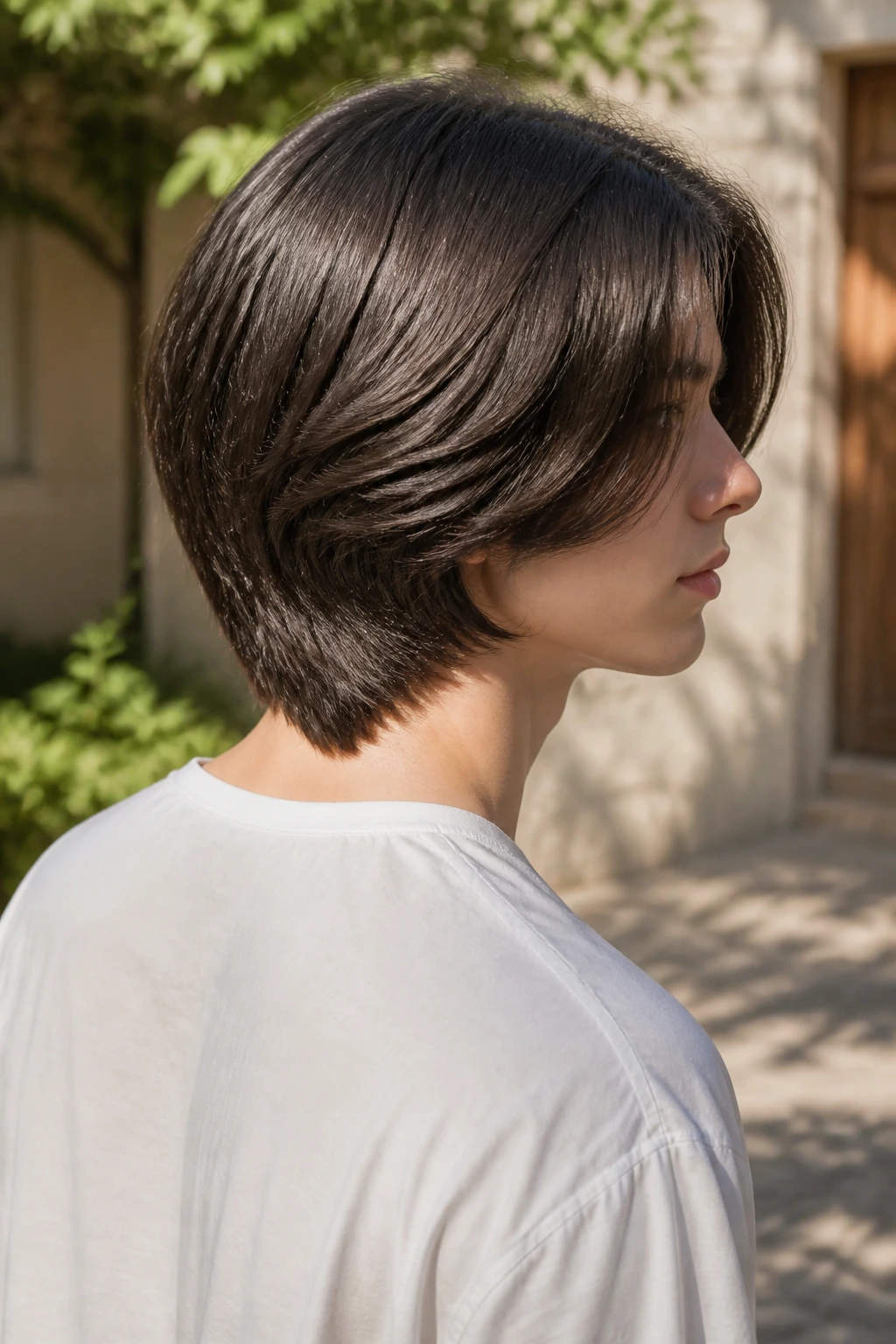 Rear-three-quarter portrait of a real person with long pageboy and soft V-undercurve at the nape.