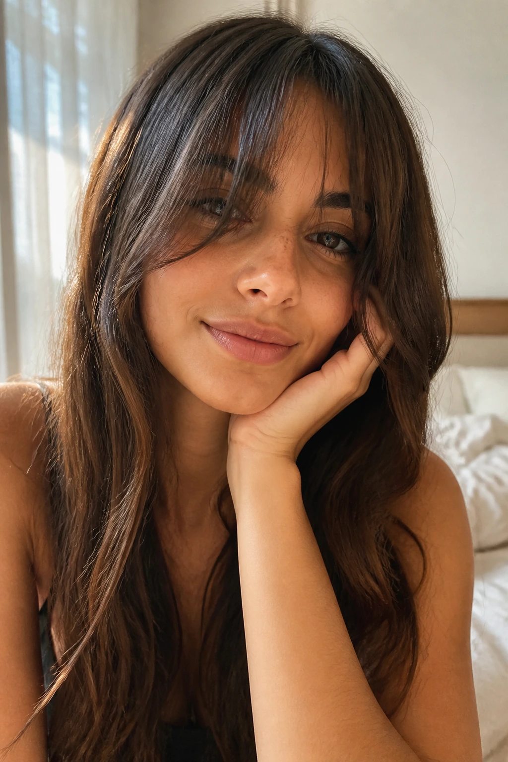Close-up of a real woman with long peekaboo bangs skimming lashes.
