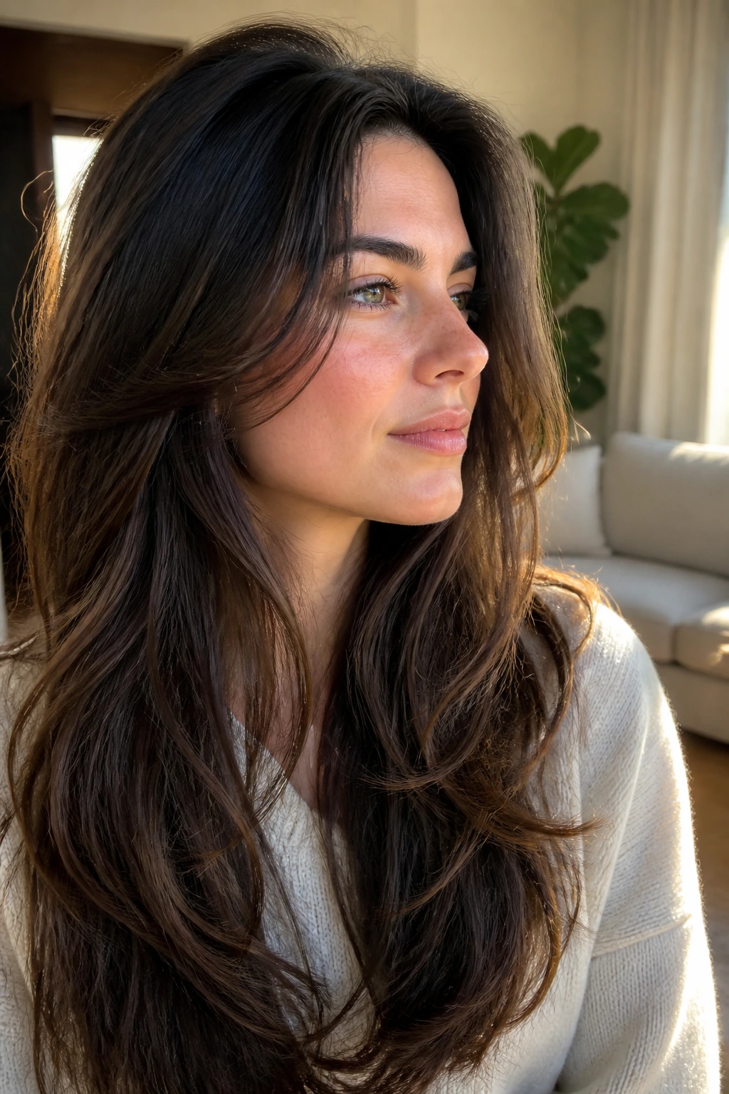 Close-up portrait of a real woman with long perimeter hair and minimal front shortening in a sunlit living room