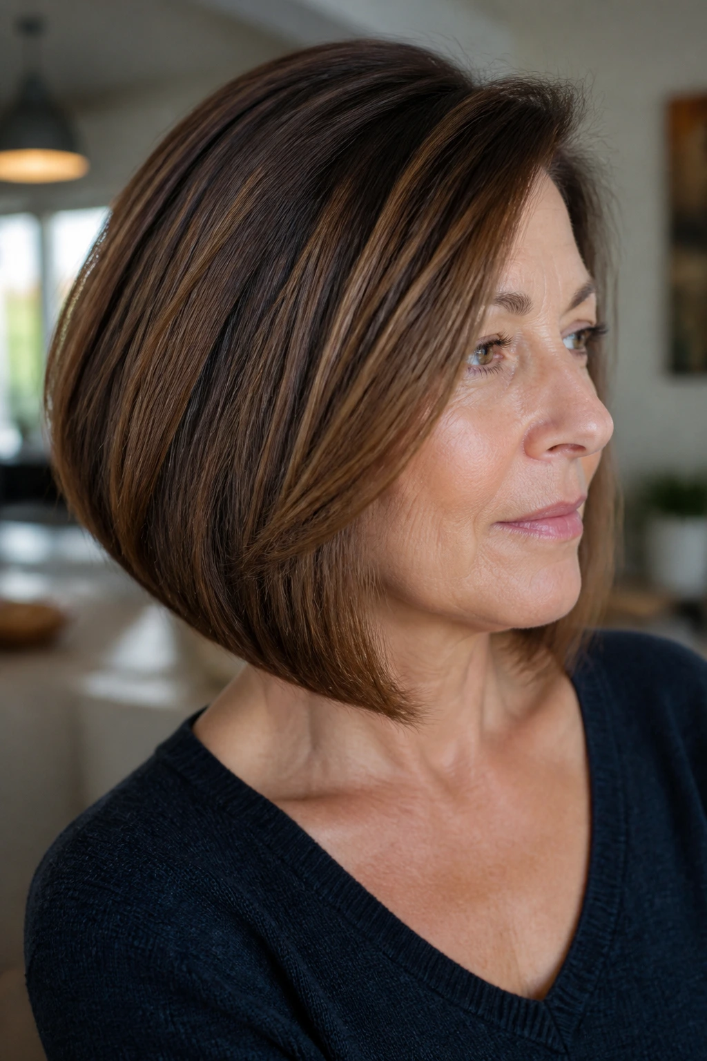 Close-up of a real woman with long perimeter and short internal layers in a bob