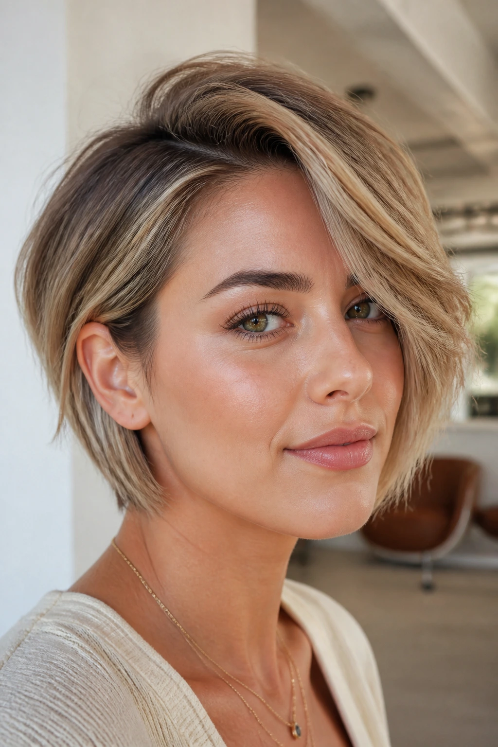Close-up of a woman with long pixie bob and side volume sweep in bright indoor light.