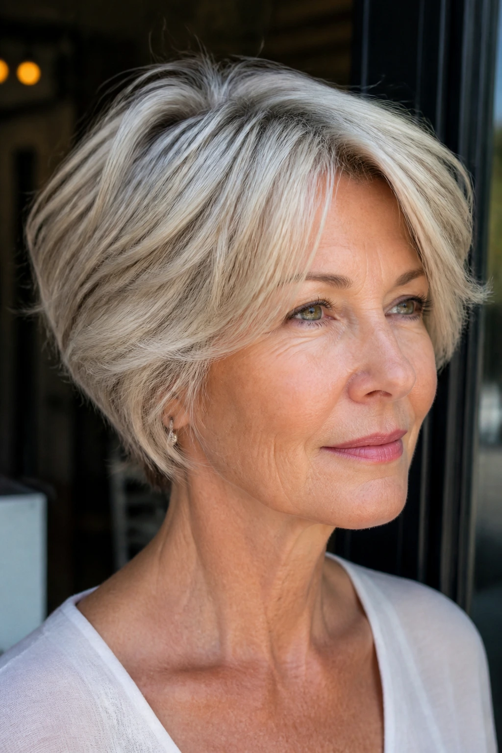 Close-up of a woman with a long pixie-bob and swept temples