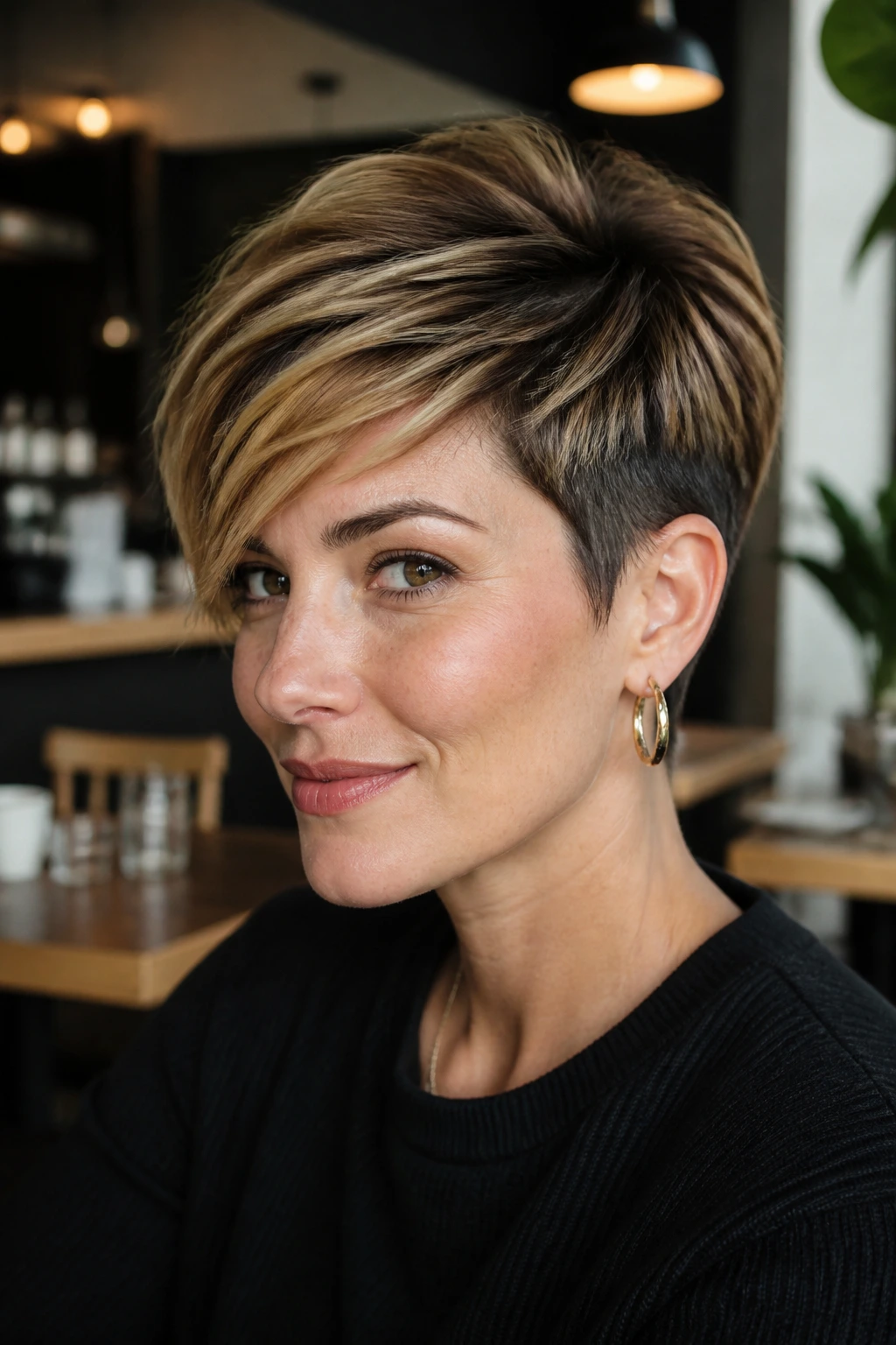 Real woman wearing a long pixie with tucked sides in cafe light