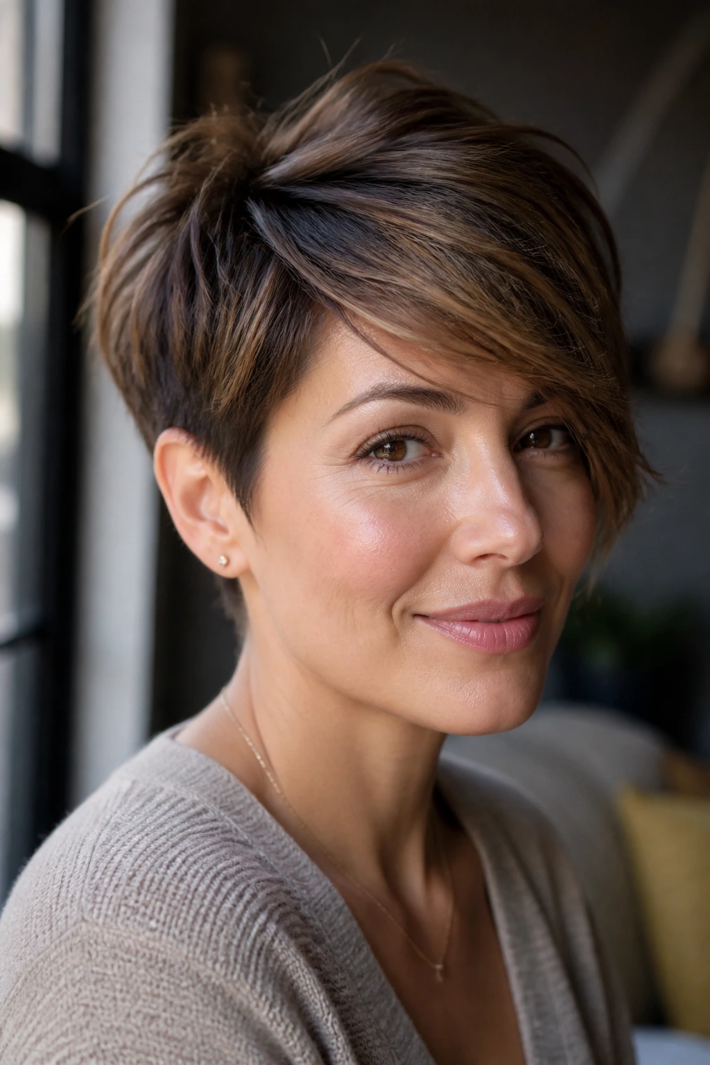 Portrait of a woman with a long pixie and side-swept fringe, caramel tones framing the face