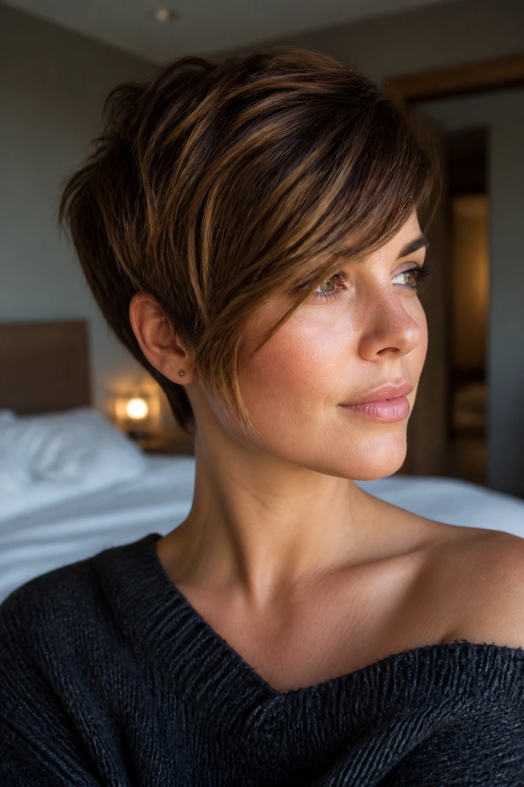 Close-up of a woman with long pixie and cheekbone-framing bang