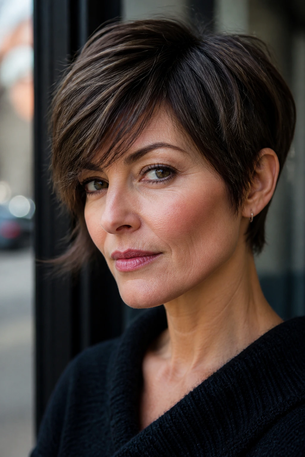 Portrait of a woman with a long pixie and cheekbone layers.