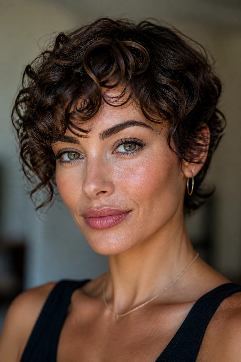 Close-up portrait of a real person with a long pixie cut framing cheekbones and crown, curly texture