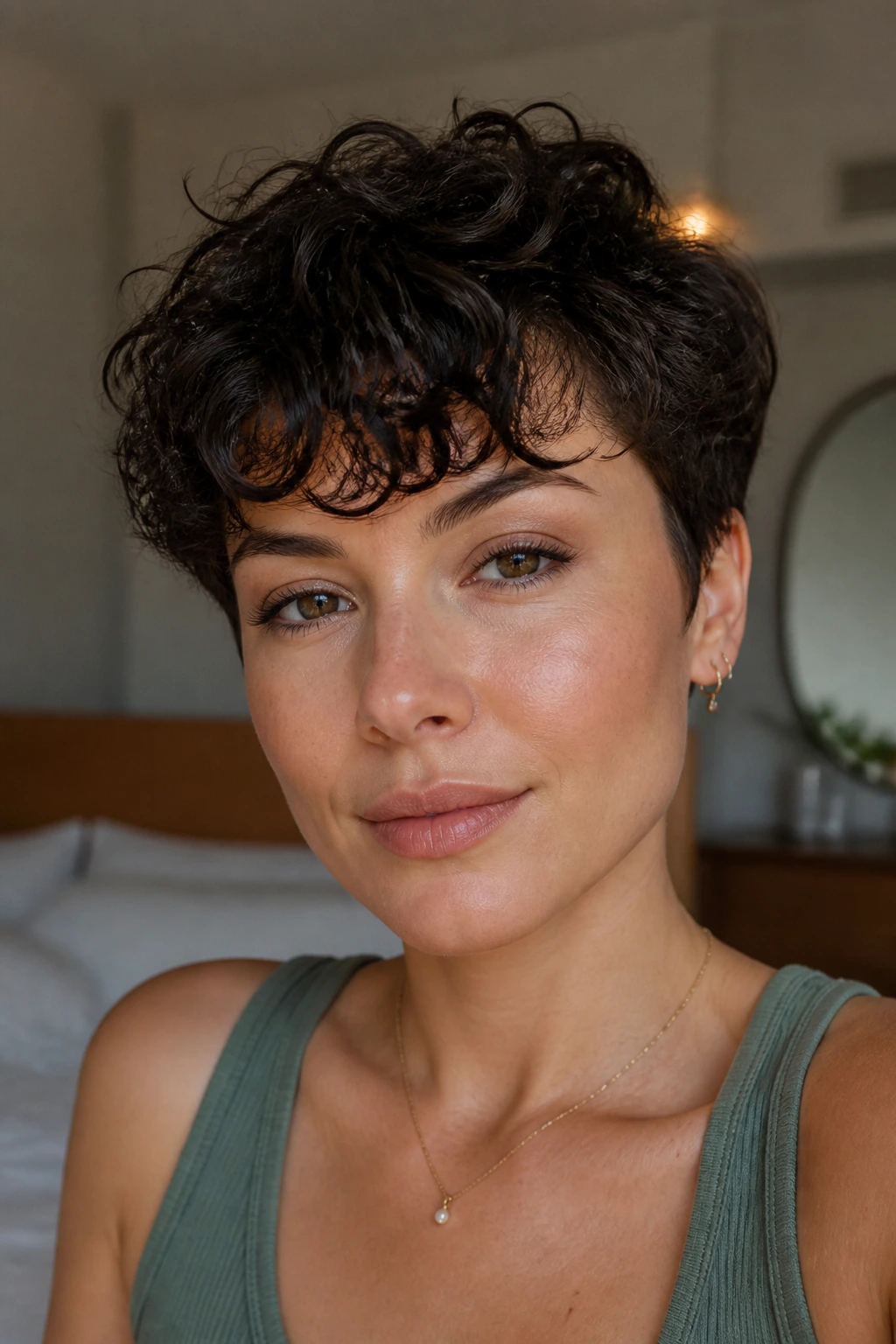 Portrait of a real person with long curly pixie between trims