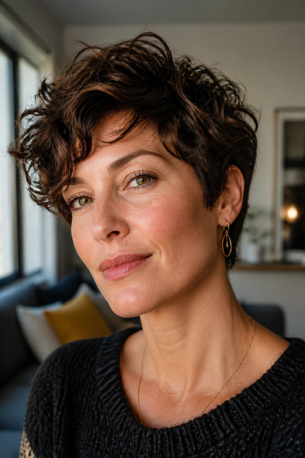 Portrait of a woman with long pixie cut softening square jawline in natural light
