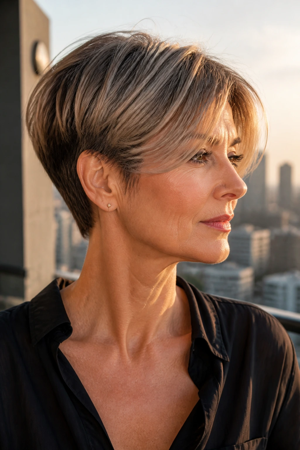 Close-up of a real woman with a long pixie and elongated curtain fringe, glossy top and cropped sides