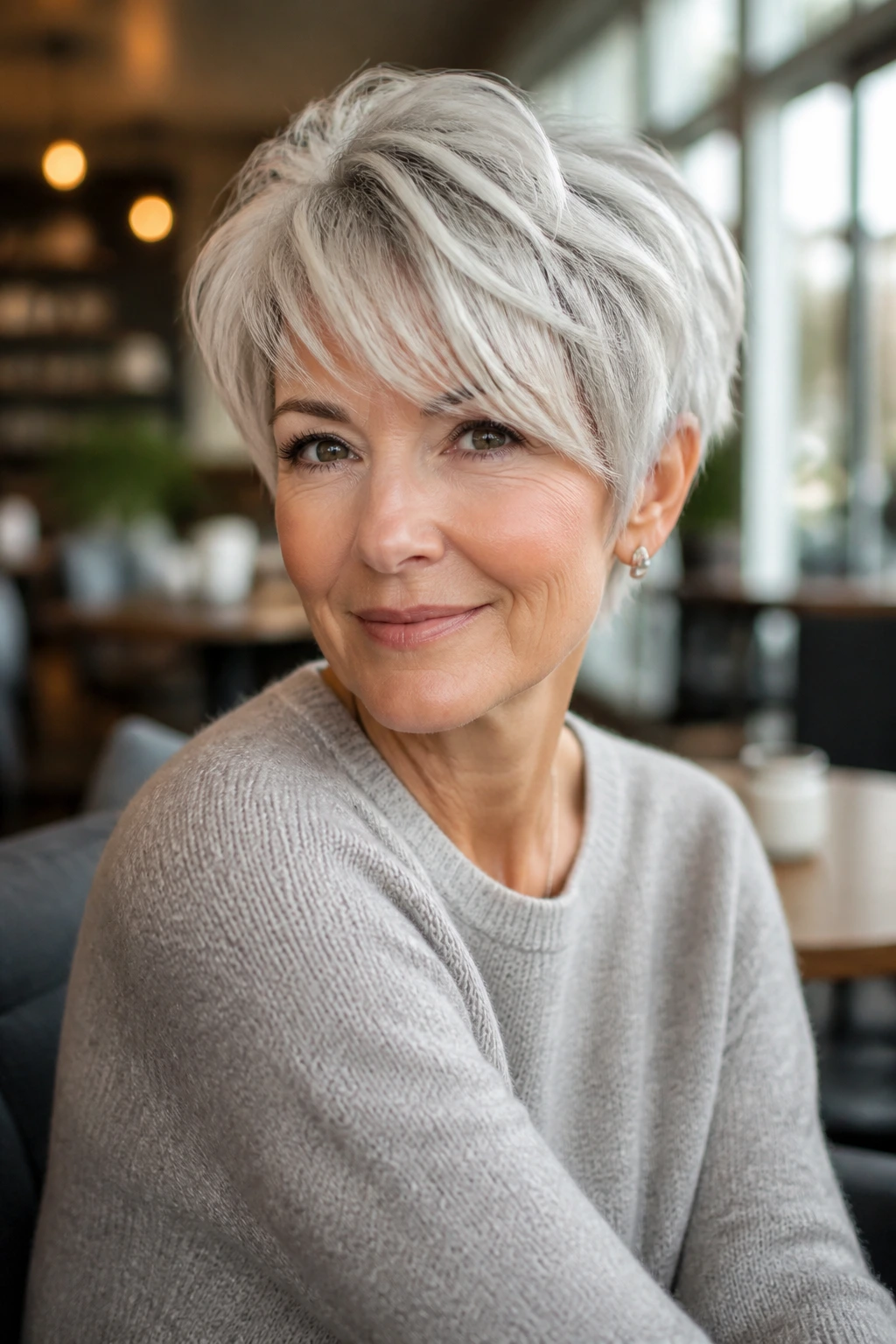 Close-up portrait of a real woman with long pixie and side-swept fringe