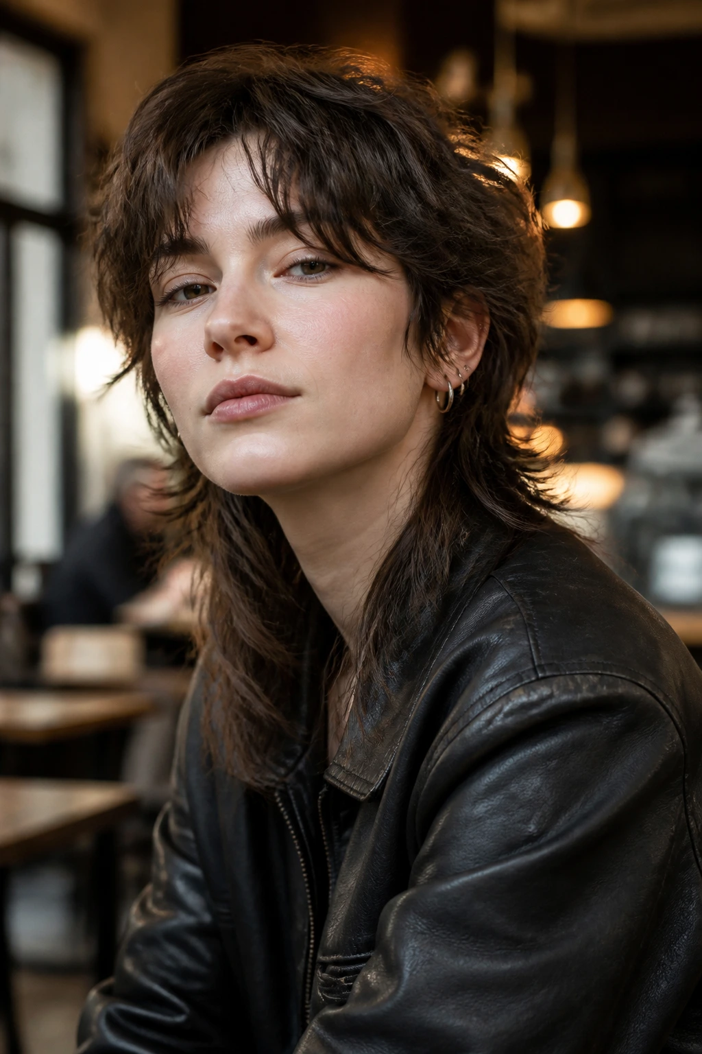 Close-up portrait of a real person with Long Pixie Mullet and curtain bangs in a cozy cafe